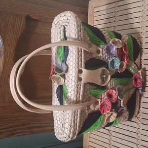 👓🏖Darling Straw Tote Bag W/Colorful Straw Flowers & Yarn Accents Sz Med